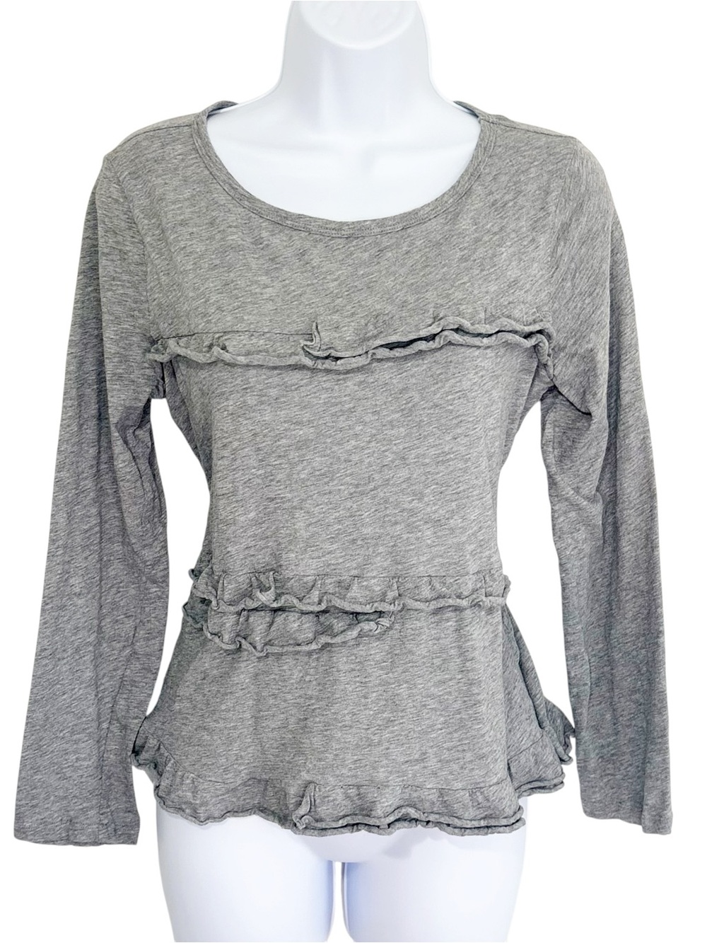 J. CREW Gray Ruffle Trim Long Sleeve Top Small Cotton Lettuce Hem